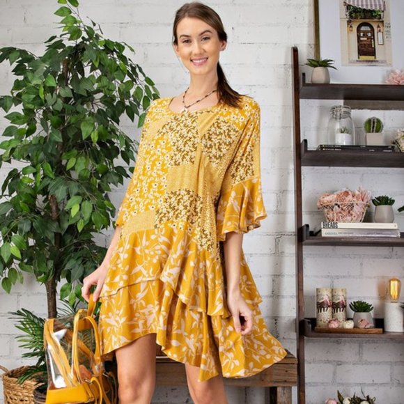 easel Dresses Easel Mustard Yoko Floral Mix Ruffle Tunic Dress
